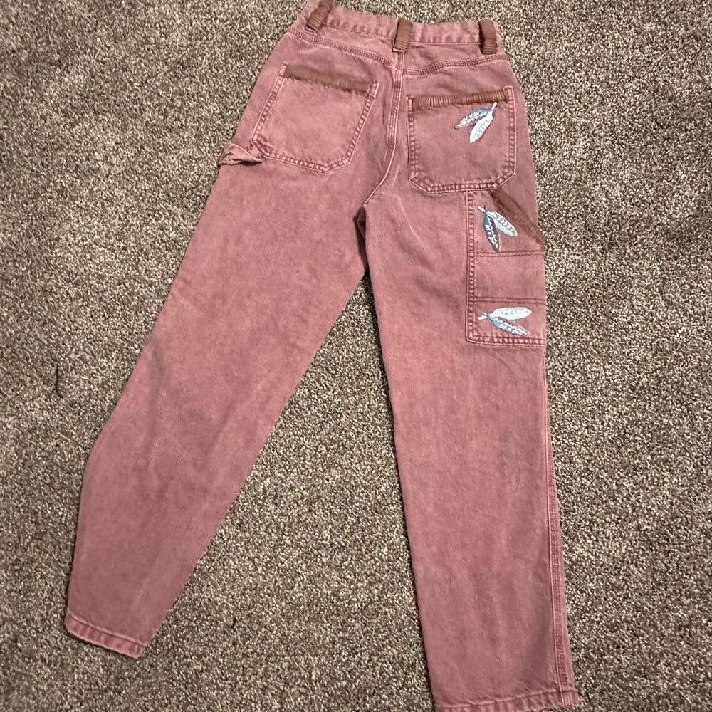 Redhawk Designs hand crafted Jeans - Dusty Pink w/Feather Patch accents sz 24 - Picture 1 of 8